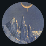 Vintage Science Fiction, Mondschneeplanet Runder Aufkleber<br><div class="desc">Vintage Illustration futuristische Science Fiction Planeten und Weltraumbild. Ein 50er Retro-Sci-Fi-Comic Buch-Design mit einem fremden Planeten bedeckt mit Eis und Schnee in der Nacht mit einem Halbmond über den Bergen im Winter.</div>