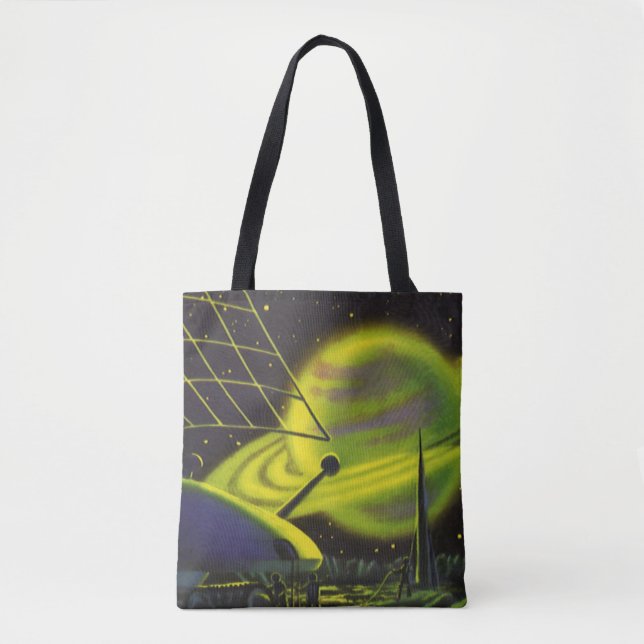 Vintage Science Fiction Neon Green Planet w Rings (Vorderseite)