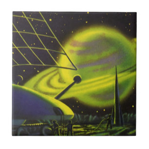 Vintage Science Fiction Neon Green Planet w Rings Fliese