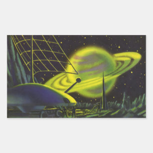 Vintage-Science-Fiction-Neon-Grün-Planet mit Ringe Rechteckiger Aufkleber