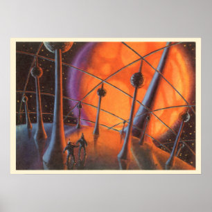 Vintage Science-Fiction, orangefarbene Sonne und A Poster