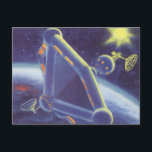 Vintage Science Fiction Orbit-Raumstation Postkarte<br><div class="desc">Vintage Illustration futuristischen Weltraum und Planeten Science Fiction Bild. Eine Raumstation, die sich um einen Planeten oder Mond umkreist und in Zukunft eine helle Sonne am Himmel strahlt. Ein klassischer 50er Retro-Sci-Fi-Comic Buch Design.</div>