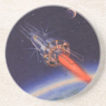 Vintage Science Fiction-Rakete im Weltraum über de Getränkeuntersetzer<br><div class="desc">Vintage Illustration futuristischen Weltraum und Planeten Science Fiction Bild. Ein Reise- und Transportraketenschiff,  das durch den Weltraum flog,  mit dem Mond in der Ferne. Ein klassischer 50er Retro-Comic Buch sci fi Design der Zukunft.</div>