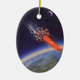 Vintage Science Fiction-Rakete im Weltraum über de Keramik Ornament