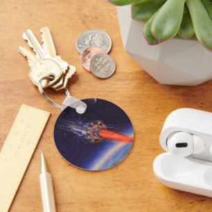 Vintage Science Fiction-Rakete im Weltraum über de Schlüsselanhänger