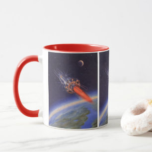 Vintage Science Fiction-Rakete im Weltraum über de Tasse