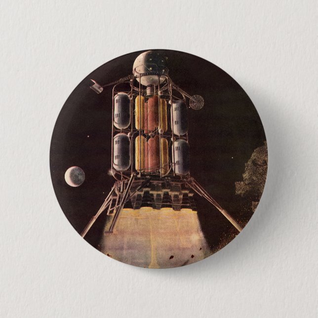 Vintage-Science-Fiction-Rakete startet vom Planete Button (Vorderseite)