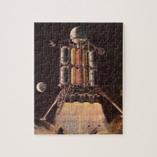 Vintage-Science-Fiction-Rakete startet vom Planete Puzzle
