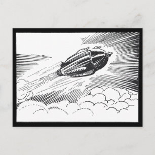 Vintage Science Fiction Raumschiff-Rakete in Wolke Postkarte