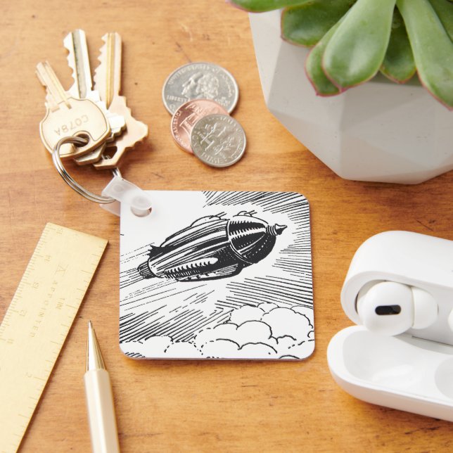 Vintage Science Fiction Raumschiff-Rakete in Wolke Schlüsselanhänger (Schreibtisch)