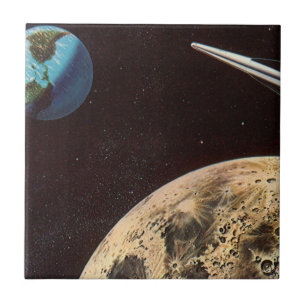 Vintage Science-Fiction, Raumschiff über dem Mond Fliese