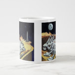 Vintage Science Fiction, Raumstation auf dem Mond Jumbo-Tasse<br><div class="desc">Vintage Illustration futuristische Science Fiction Planeten und Weltraumbild. Eine Raumstation auf dem Mond mit Blick auf den Planeten Erde im Nachthimmel mit Sternen in der Zukunft. Ein klassischer 50er Retro-Sci-Fi-Comic Buch Design.</div>
