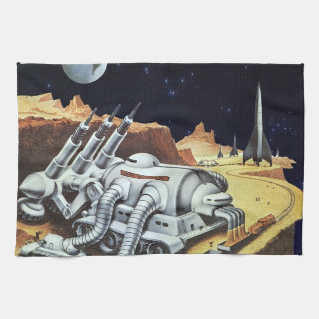 Vintage Science Fiction, Raumstation auf dem Mond Küchentuch (Horizontal)