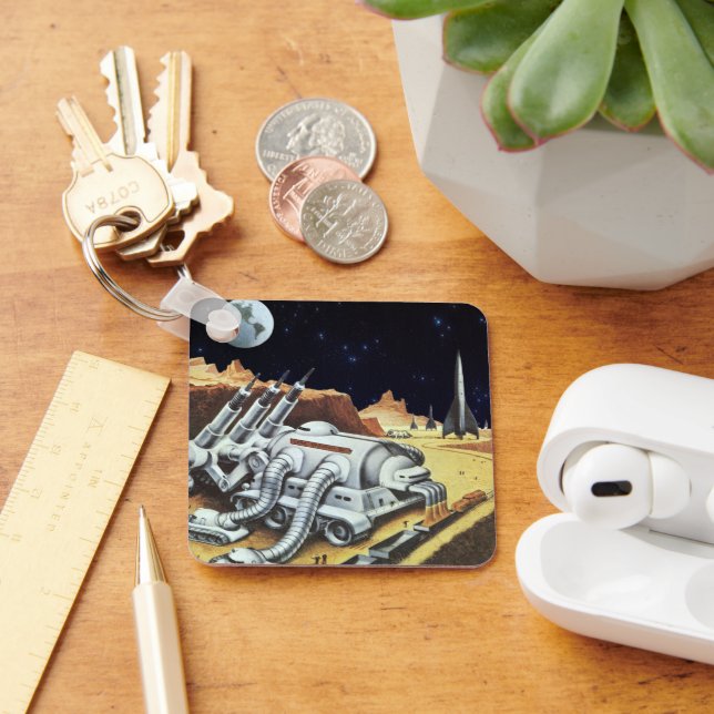 Vintage Science Fiction, Raumstation auf dem Mond Schlüsselanhänger (Schreibtisch)