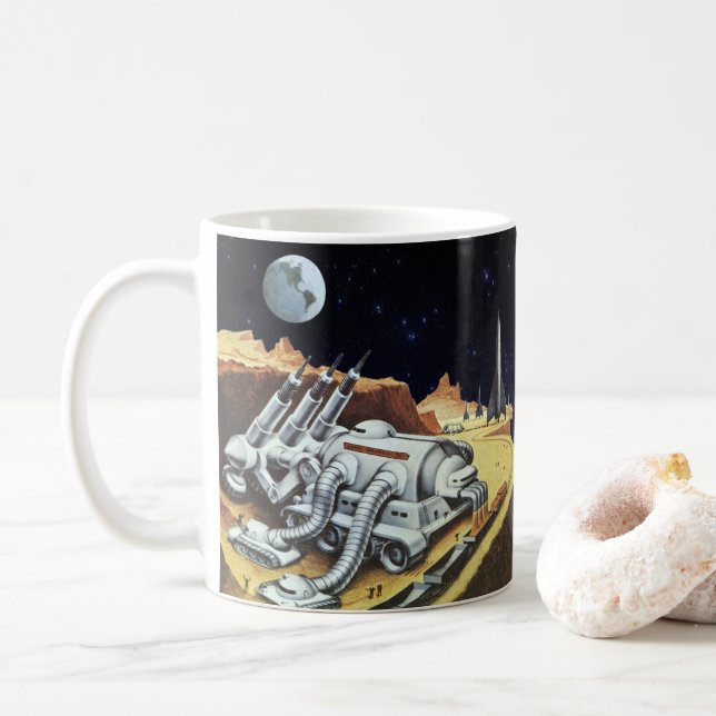 Vintage Science Fiction, Raumstation auf dem Mond Tasse (Mit Donut)