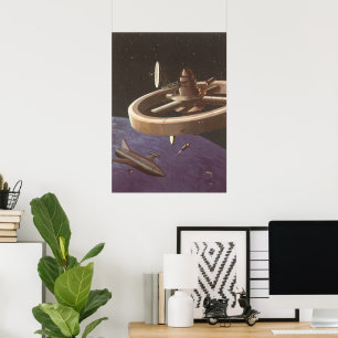 Vintage Science Fiction, Raumstation mit Planet Poster