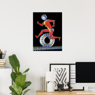 Vintage Science-Fiction-Roboter läuft mit Rad Poster