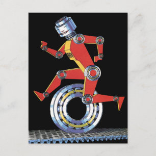Vintage Science-Fiction-Roboter läuft mit Rad Postkarte