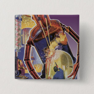 Vintage Science-Fiction-Roboter mit Laserstrahl-Au Button
