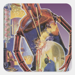 Vintage Science-Fiction-Roboter mit Laserstrahl-Au Quadratischer Aufkleber