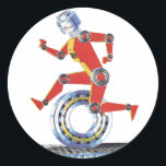 Vintage Science Fiction Roboter mit Rad Runder Aufkleber<br><div class="desc">Vintage Illustration Science Fiction Business Design mit einer glücklichen,  lächelnden Roboter Figur aus Maschinenteilen. Die futuristische Frau oder der Mann hat ein Lächeln und läuft mit einem Getriebe,  Zahnrad oder Rad auf einem Förderband. Ein gesunder Sci fi Typ oder Gal Joggen für Gesundheit,  Rennen in die Zukunft!</div>