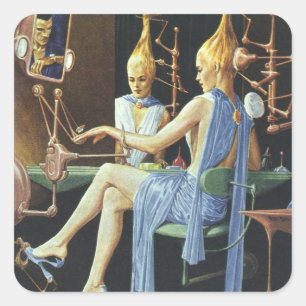 Vintage-Science-Fiction-Schönheitssalon-Spa-Manicu Quadratischer Aufkleber