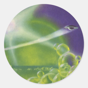 Vintage-Science-Fiction-Sci-Fi-grüne-Blasen-Planet Runder Aufkleber