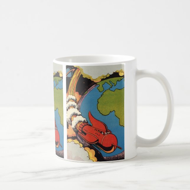 Vintage Science Fiction, Sci-Fi-Rakete über der Er Kaffeetasse (Rechts)