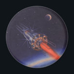 Vintage Science Fiction, Sci-Fi-Rakete über der Er Magnet<br><div class="desc">Vintages Bild der Science Fiction mit einer Rakete,  die durch den Weltraum fliegt. Das Raumschiff umkreist die Erde mit dem Mond in der Ferne.</div>
