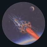 Vintage Science Fiction, Sci-Fi-Rakete über der Er Runder Aufkleber<br><div class="desc">Vintages Bild der Science Fiction mit einer Rakete,  die durch den Weltraum fliegt. Das Raumschiff umkreist die Erde mit dem Mond in der Ferne.</div>