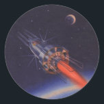 Vintage Science Fiction, Sci-Fi-Rakete über der Er Runder Aufkleber<br><div class="desc">Vintages Bild der Science Fiction mit einer Rakete,  die durch den Weltraum fliegt. Das Raumschiff umkreist die Erde mit dem Mond in der Ferne.</div>