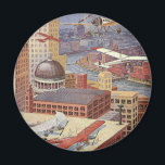 Vintage Science Fiction Stadt, Viktorianischer Ste Magnet<br><div class="desc">Vintage Illustration Dampf punk Viktorianische Science Fiction futuristische Stadt Bild. Die Metropole Paris,  Frankreich in der Zukunft mit fliegenden Autos,  Hubschraubern und Flugzeug für Reisen und Transport. Diese Szene aus Steampunken umfasst Gebäude und die Seine im Hintergrund.</div>