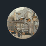 Vintage Science Fiction Urban Paris, Steam Punk Button<br><div class="desc">Vintage Abbildung Viktorianische Dampfpunk Science Fiction futuristische Reise und Transport Metropole Image. Die Stadt Paris,  Frankreich in der Zukunft mit persönlichen großen Flugzeug anstelle von Autos und der Gare du Nord Metro Bahnhof.</div>