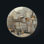 Vintage Science Fiction Urban Paris, Steam Punk Button<br><div class="desc">Vintage Abbildung Viktorianische Dampfpunk Science Fiction futuristische Reise und Transport Metropole Image. Die Stadt Paris, Frankreich in der Zukunft mit persönlichen großen Flugzeug anstelle von Autos und der Gare du Nord Metro Bahnhof.</div>