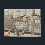 Vintage Science Fiction Urban Paris, Steam Punk Fußmatte<br><div class="desc">Leicht zu personalisieren diese Begrüßungsmatte mit Ihrem eigenen Text! Vintage Illustration Viktorianische Dampfpunk Science Fiction futuristische Reise-und Transport-Metropole Image. Die Stadt Paris,  Frankreich in der Zukunft mit persönlichen großen Flugzeug anstelle von Autos und der Gare du Nord Metro Bahnhof.</div>