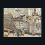Vintage Science Fiction Urban Paris, Steam Punk Postkarte<br><div class="desc">Vintage Abbildung Viktorianische Dampfpunk Science Fiction futuristische Reise und Transport Metropole Image. Die Stadt Paris,  Frankreich in der Zukunft mit persönlichen großen Flugzeug anstelle von Autos und der Gare du Nord Metro Bahnhof.</div>
