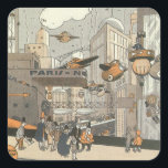 Vintage Science Fiction Urban Paris, Steam Punk Quadratischer Aufkleber<br><div class="desc">Vintage Abbildung Viktorianische Dampfpunk Science Fiction futuristische Reise und Transport Metropole Image. Die Stadt Paris, Frankreich in der Zukunft mit persönlichen großen Flugzeug anstelle von Autos und der Gare du Nord Metro Bahnhof.</div>