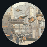 Vintage Science Fiction Urban Paris, Steam Punk Runder Aufkleber<br><div class="desc">Vintage Abbildung Viktorianische Dampfpunk Science Fiction futuristische Reise und Transport Metropole Image. Die Stadt Paris,  Frankreich in der Zukunft mit persönlichen großen Flugzeug anstelle von Autos und der Gare du Nord Metro Bahnhof.</div>