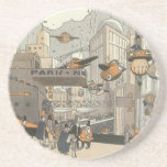 Vintage Science Fiction Urban Paris, Steam Punk Sandstein Untersetzer<br><div class="desc">Vintage Abbildung Viktorianische Dampfpunk Science Fiction futuristische Reise und Transport Metropole Image. Die Stadt Paris,  Frankreich in der Zukunft mit persönlichen großen Flugzeug anstelle von Autos und der Gare du Nord Metro Bahnhof.</div>