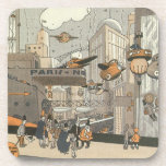 Vintage Science Fiction Urban Paris, Steam Punk Untersetzer<br><div class="desc">Vintage Abbildung Viktorianische Dampfpunk Science Fiction futuristische Reise und Transport Metropole Image. Die Stadt Paris,  Frankreich in der Zukunft mit persönlichen großen Flugzeug anstelle von Autos und der Gare du Nord Metro Bahnhof.</div>