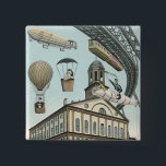 Vintage Science Fiction, Viktorianischer Dampfpunk Button<br><div class="desc">Vintage Darstellung von Reisen und Transport futuristischen Science Fiction mit Menschen, die mit Dickhäusern, Blitzen, Heißluftballons, einem invertierten Zug und einem antiken Cabrio Auto in einer Viktorianischen Dampfpunk Retro städtischen Metropole.</div>