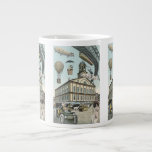 Vintage Science Fiction, Viktorianischer Dampfpunk Jumbo-Tasse<br><div class="desc">Vintage Darstellung von Reisen und Transport futuristischen Science Fiction mit Menschen,  die mit Dickhäusern,  Blitzen,  Heißluftballons,  einem invertierten Zug und einem antiken Cabrio Auto in einer Viktorianischen Dampfpunk Retro städtischen Metropole.</div>