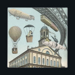 Vintage Science Fiction, Viktorianischer Dampfpunk Magnet<br><div class="desc">Vintage Darstellung von Reisen und Transport futuristischen Science Fiction mit Menschen,  die mit Dickhäusern,  Blitzen,  Heißluftballons,  einem invertierten Zug und einem antiken Cabrio Auto in einer Viktorianischen Dampfpunk Retro städtischen Metropole.</div>