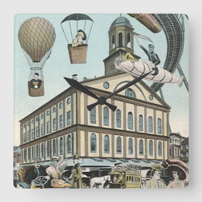 Vintage Science Fiction, Viktorianischer Dampfpunk Quadratische Wanduhr (Vorderseite)