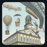 Vintage Science Fiction, Viktorianischer Dampfpunk Quadratischer Aufkleber<br><div class="desc">Vintage Darstellung von Reisen und Transport futuristischen Science Fiction mit Menschen,  die mit Dickhäusern,  Blitzen,  Heißluftballons,  einem invertierten Zug und einem antiken Cabrio Auto in einer Viktorianischen Dampfpunk Retro städtischen Metropole.</div>