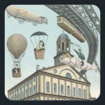 Vintage Science Fiction, Viktorianischer Dampfpunk Quadratischer Aufkleber<br><div class="desc">Vintage Darstellung von Reisen und Transport futuristischen Science Fiction mit Menschen,  die mit Dickhäusern,  Blitzen,  Heißluftballons,  einem invertierten Zug und einem antiken Cabrio Auto in einer Viktorianischen Dampfpunk Retro städtischen Metropole.</div>