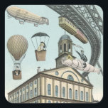 Vintage Science Fiction, Viktorianischer Dampfpunk Quadratischer Aufkleber<br><div class="desc">Vintage Darstellung von Reisen und Transport futuristischen Science Fiction mit Menschen,  die mit Dickhäusern,  Blitzen,  Heißluftballons,  einem invertierten Zug und einem antiken Cabrio Auto in einer Viktorianischen Dampfpunk Retro städtischen Metropole.</div>