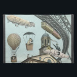 Vintage Science Fiction, Viktorianischer Dampfpunk Stofftischset<br><div class="desc">Vintage Darstellung von Reisen und Transport futuristischen Science Fiction mit Menschen,  die mit Dickhäusern,  Blitzen,  Heißluftballons,  einem invertierten Zug und einem antiken Cabrio Auto in einer Viktorianischen Dampfpunk Retro städtischen Metropole.</div>