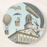 Vintage Science Fiction, Viktorianischer Dampfpunk Untersetzer<br><div class="desc">Vintage Darstellung von Reisen und Transport futuristischen Science Fiction mit Menschen,  die mit Dickhäusern,  Blitzen,  Heißluftballons,  einem invertierten Zug und einem antiken Cabrio Auto in einer Viktorianischen Dampfpunk Retro städtischen Metropole.</div>