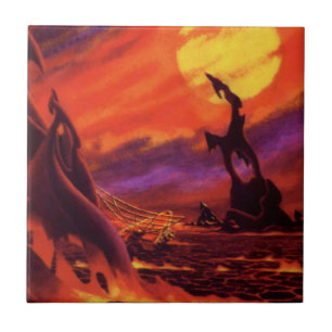 Vintage Science Fiction Vulkan Planet w Red Lava Fliese